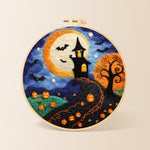 Whimsical haunted village and halloween pumpkins needle felting kit for beginners with a round wooden frame