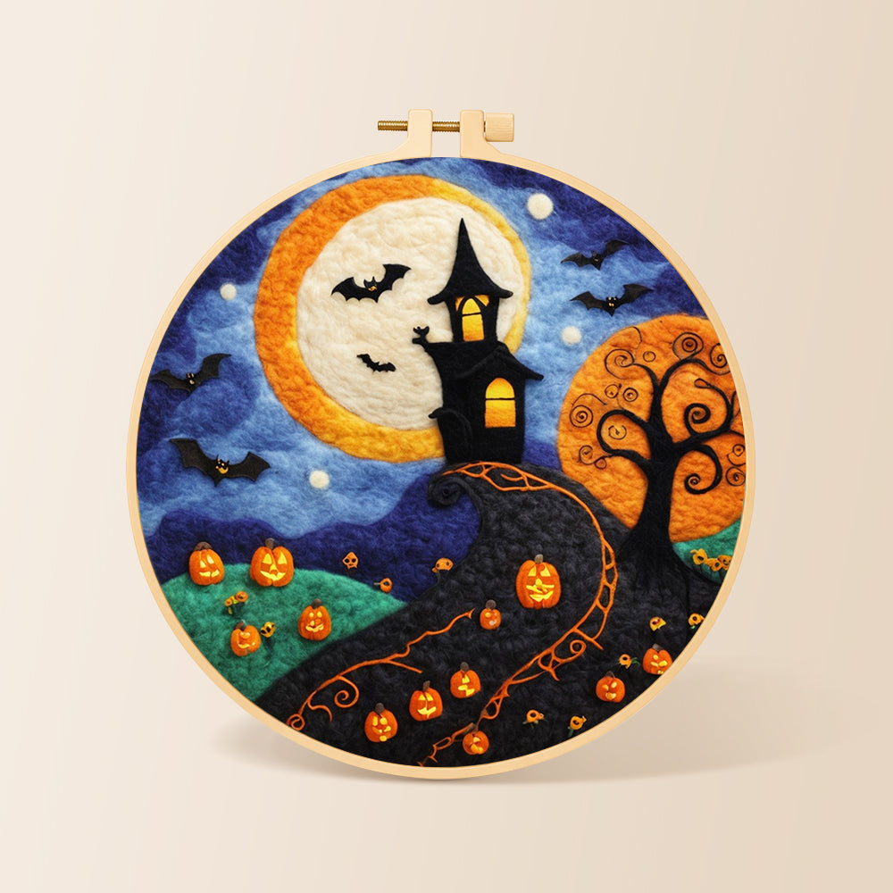 Whimsical haunted village and halloween pumpkins needle felting kit for beginners with a round wooden frame
