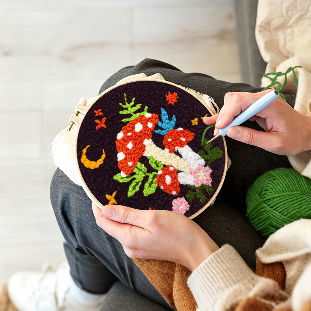 Creating handmade whimsical mushroom punch needle artwork