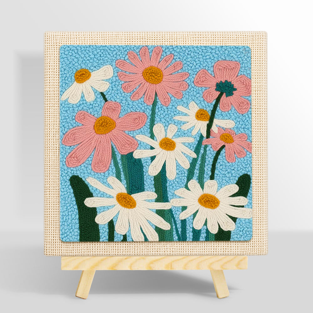 White and pink daisies punch needle kit for beginners