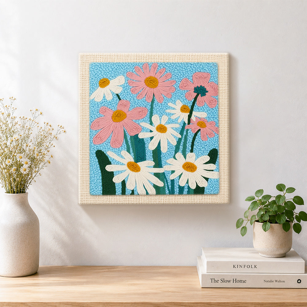 Finished white and pink daisies artwork displayed on a wall