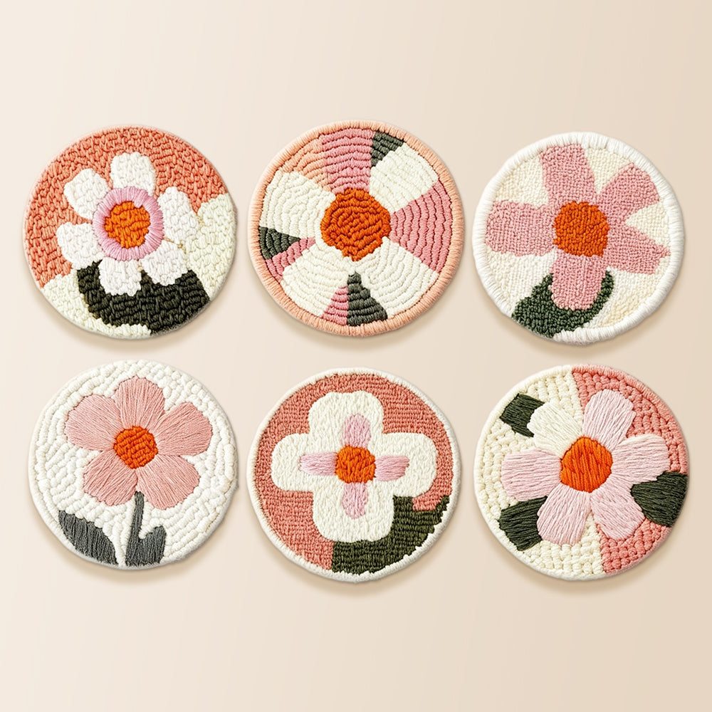 White and pink flowers punch needle coaster kit finished handmade coasters