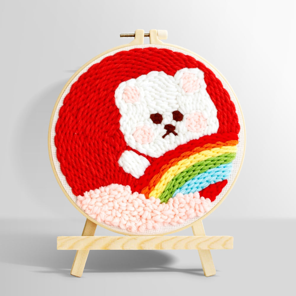 White bear with rainbow punch needle kit for beginners