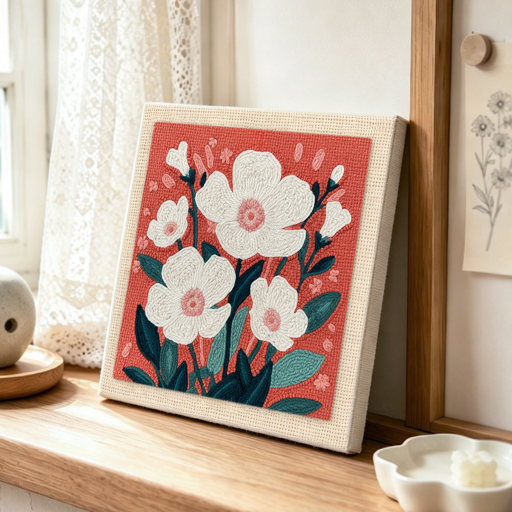 White blossoms punch needle artwork displayed on a table