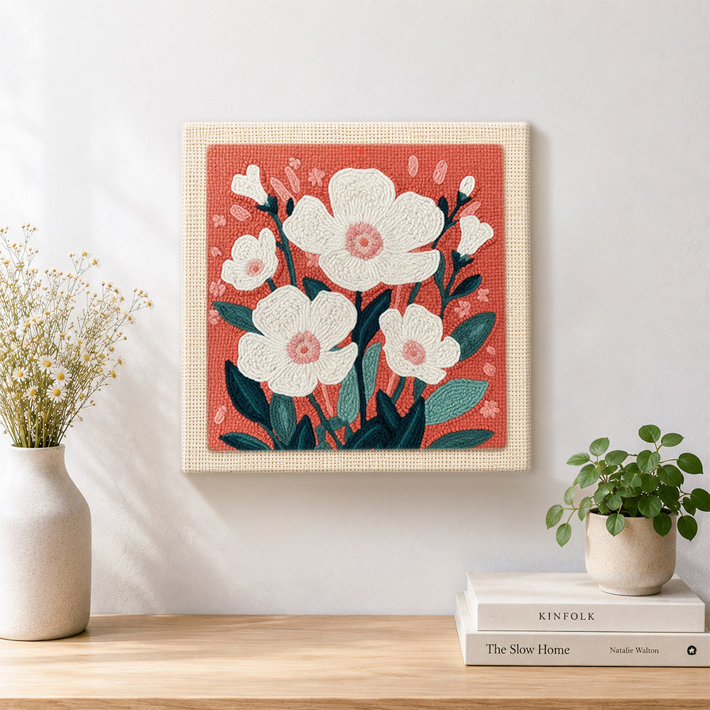 Finished white blossoms artwork displayed on a wall