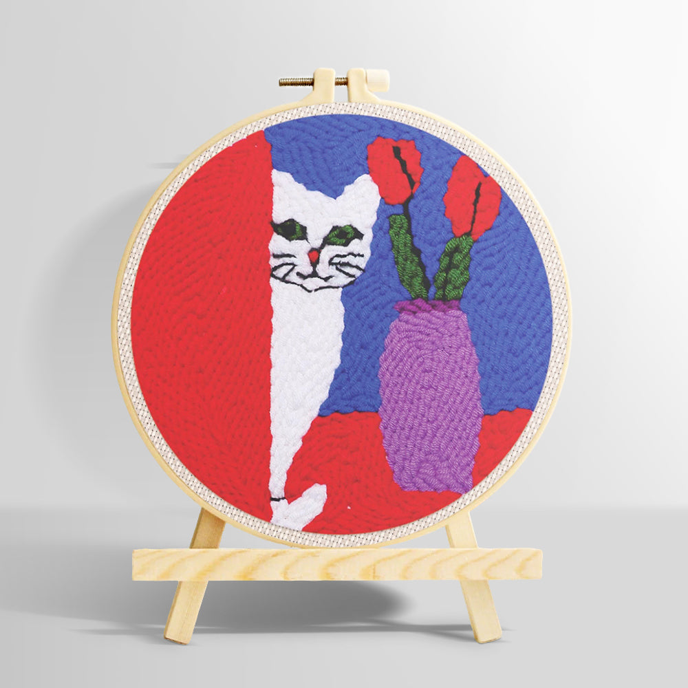 White cat and purple vase punch needle kit for beginners