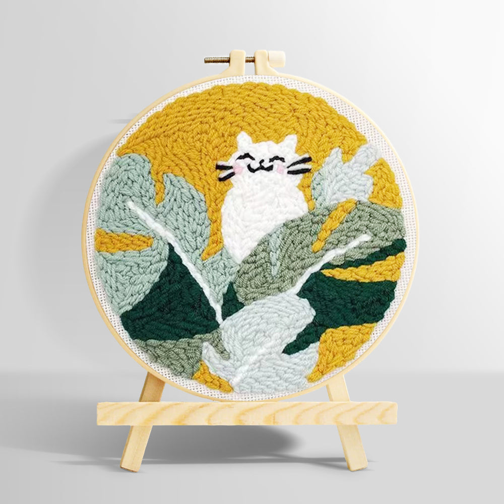 White cat in green leaves punch needle kit for beginners