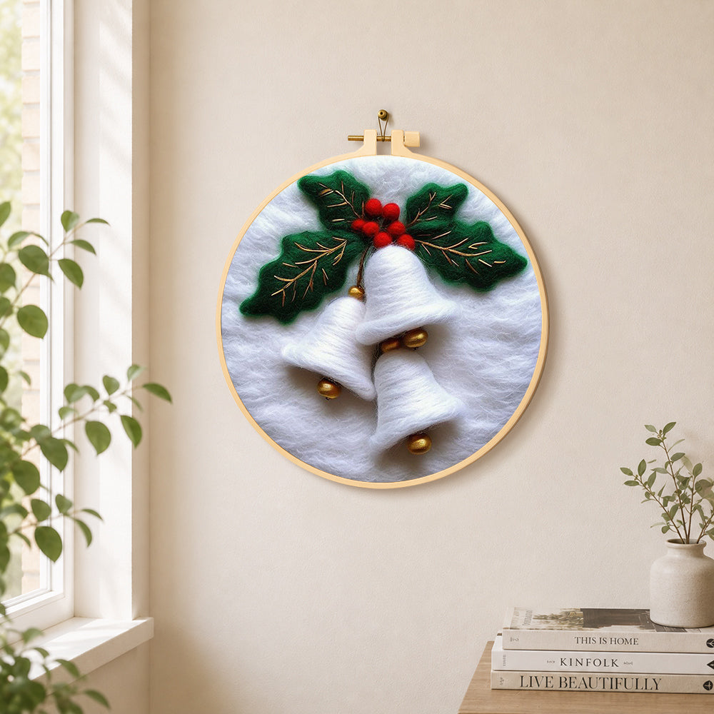 White christmas bells with holly needle felt wall art displayed in a bright home interior