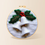 White christmas bells with holly wool needle felting kit for beginners with a round wooden frame
