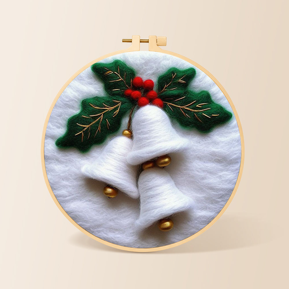 White christmas bells with holly wool needle felting kit for beginners with a round wooden frame