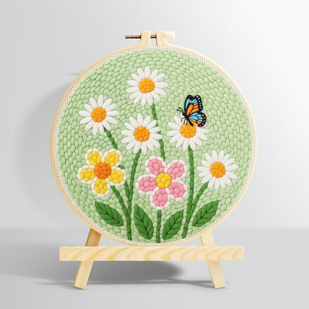 White daisies and butterfly punch needle kit for beginners
