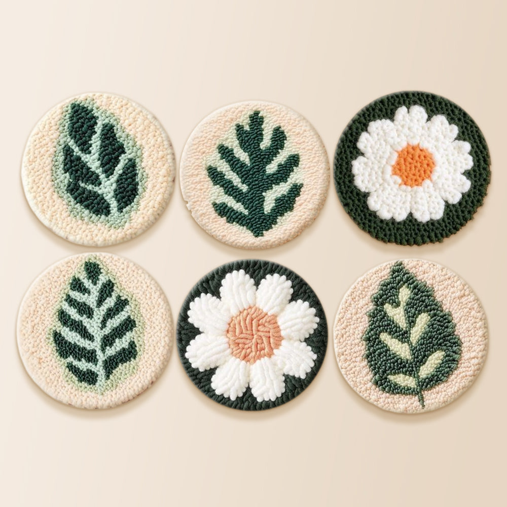 White daisies and green leaves punch needle coaster kit finished handmade coasters