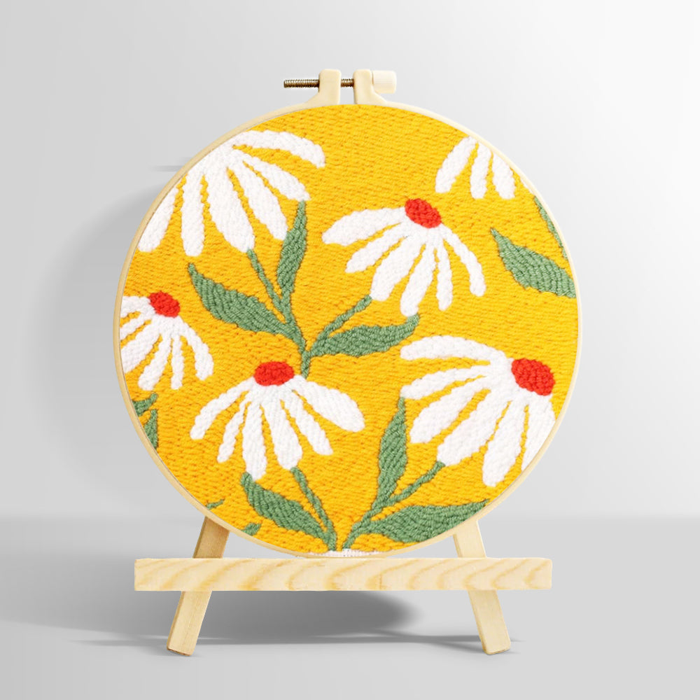 White daisies on a yellow background punch needle kit for beginners