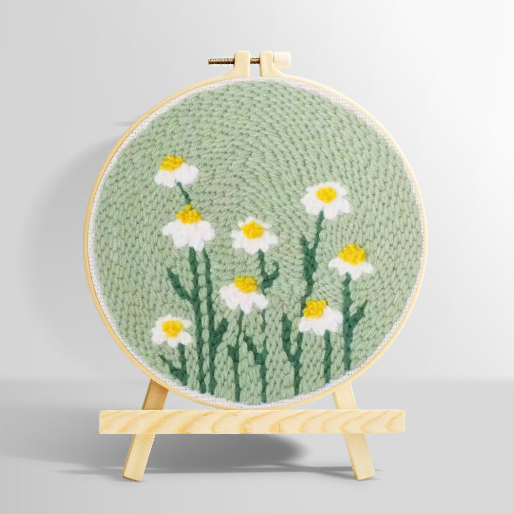 White daisies on mint green background punch needle kit for beginners