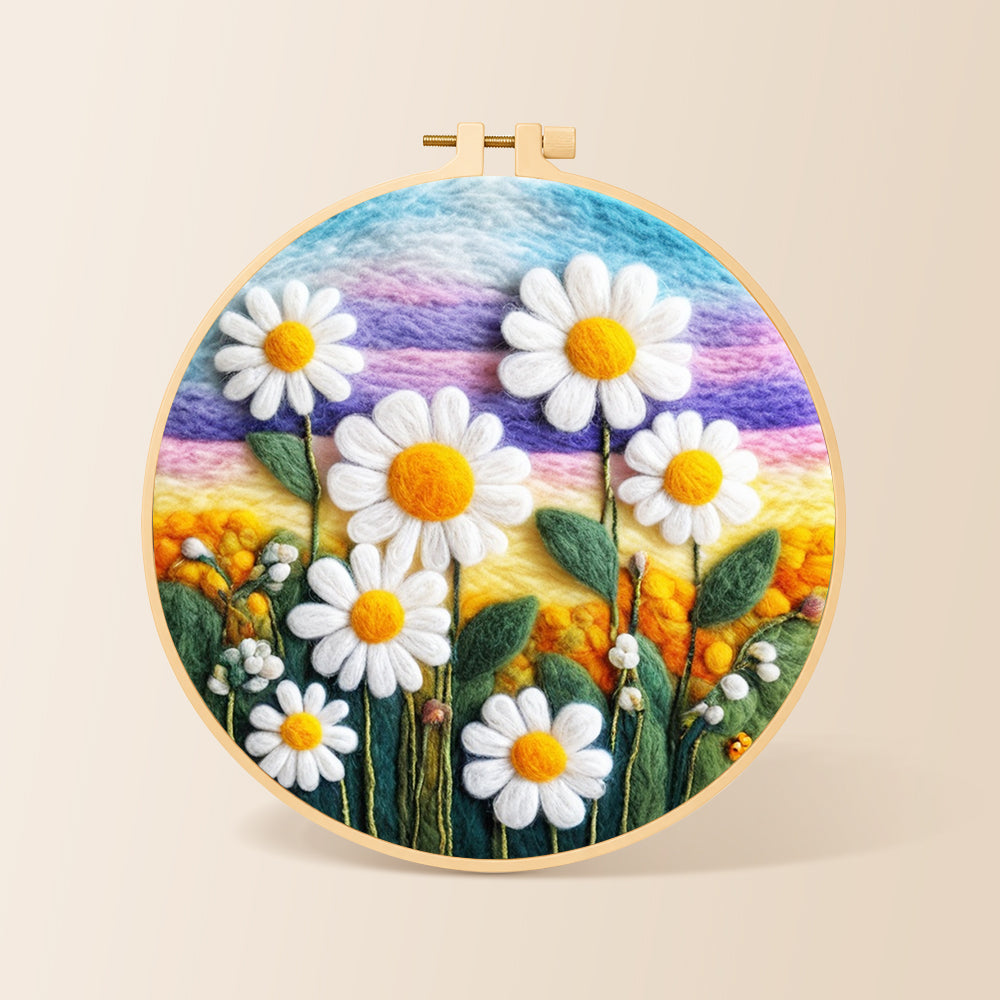 White daisies on rainbow background needle felting kit for beginners with a round wooden frame