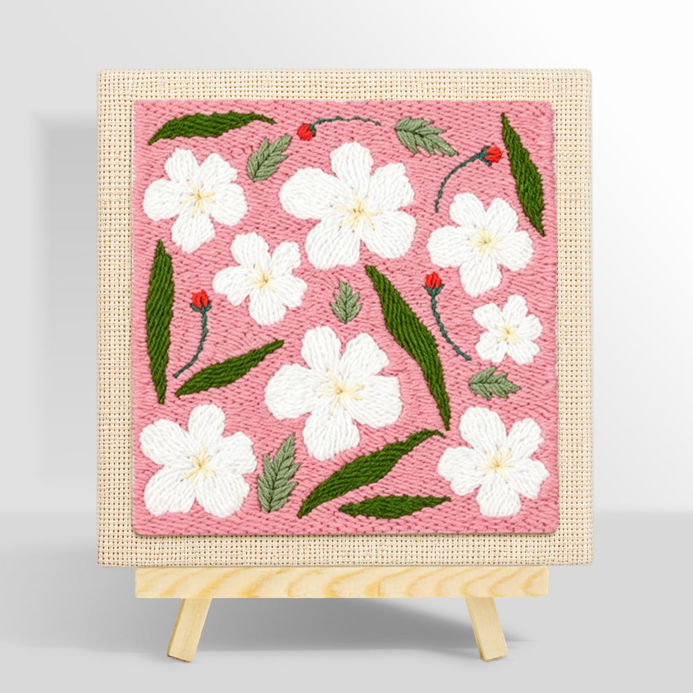White flowers with green leaves punch needle kit for beginners
