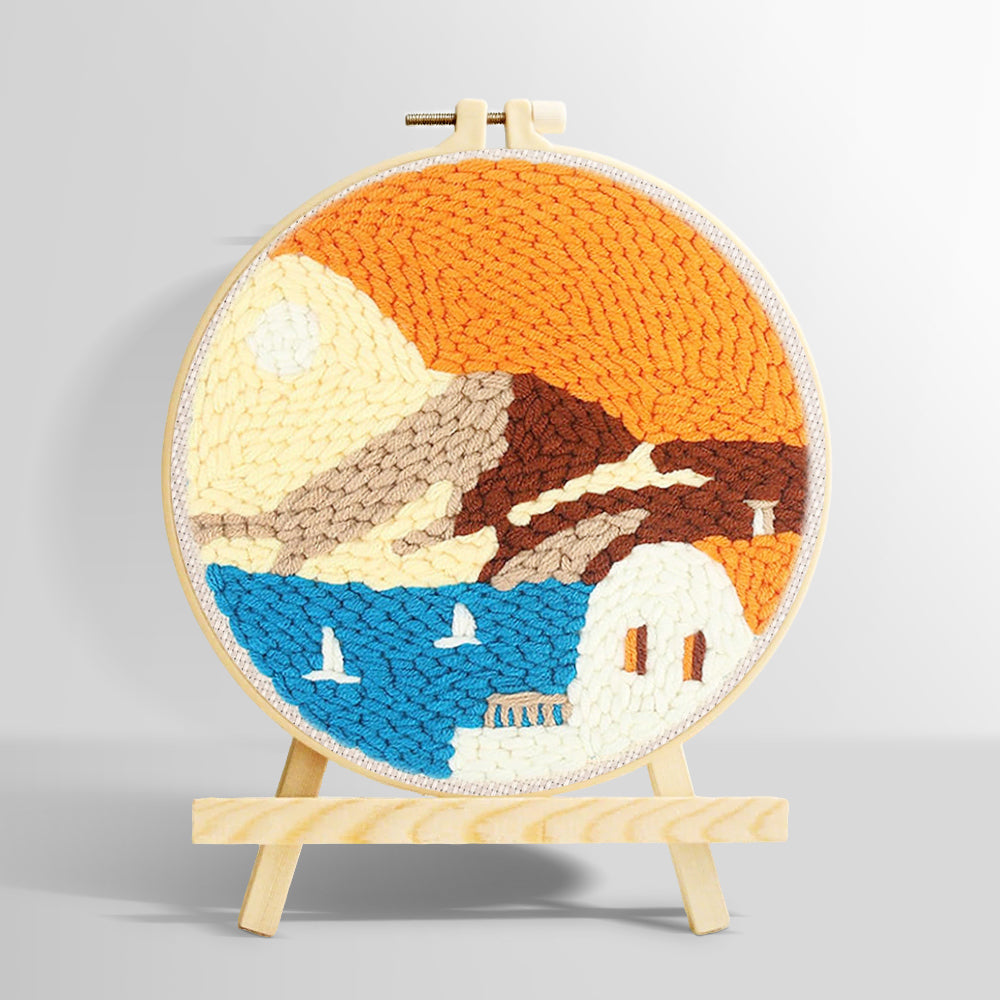 White house by blue sea under orange sky punch needle kit for beginners
