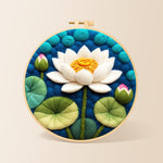 White lotus with lily pads needle felting kit for beginners with a round wooden frame