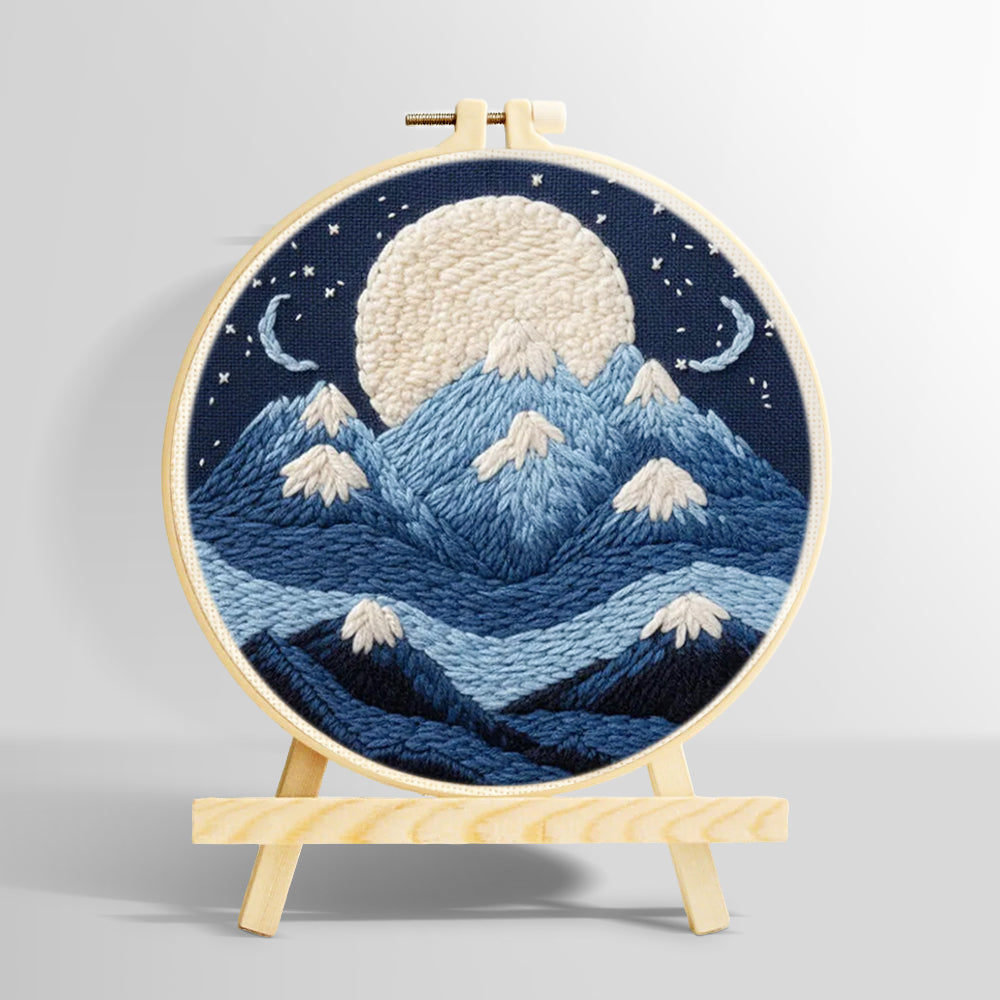 White moon above blue snowy mountains punch needle kit for beginners