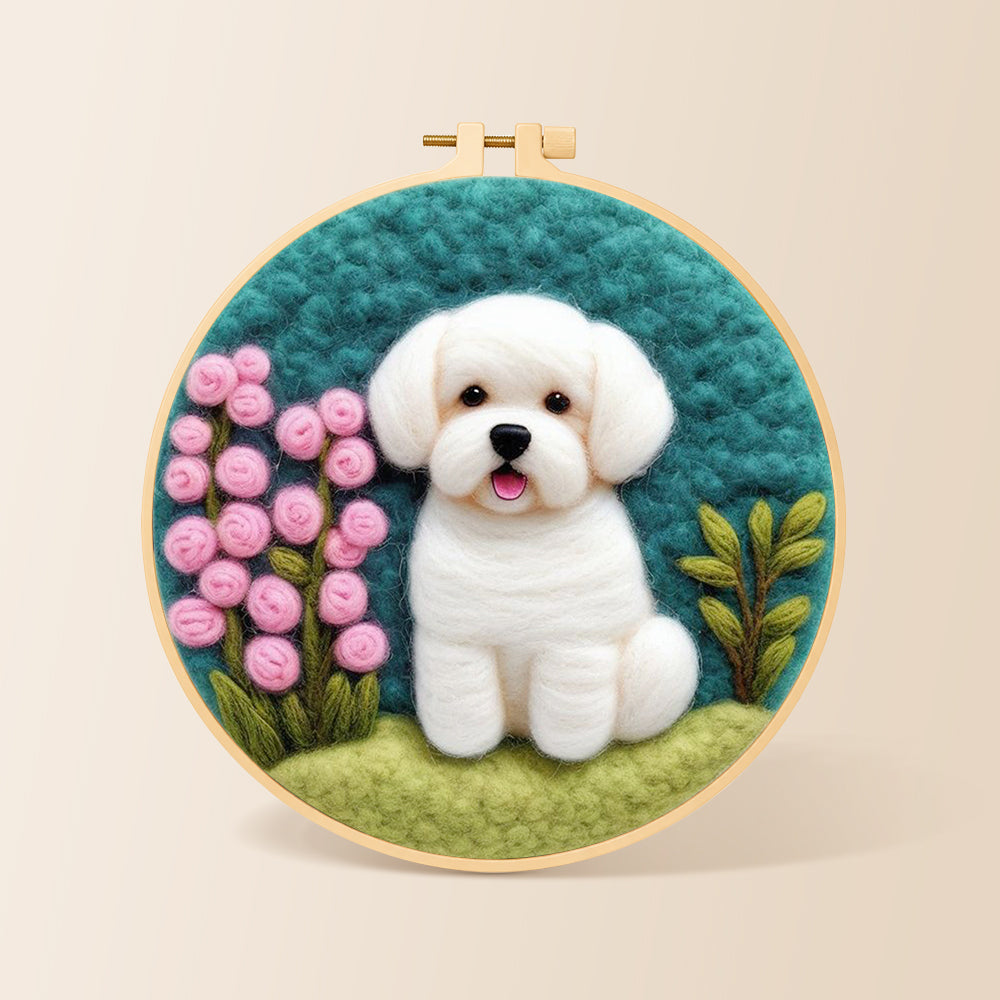 White puppy with pink flowers needle felting kit for beginners with a round wooden frame