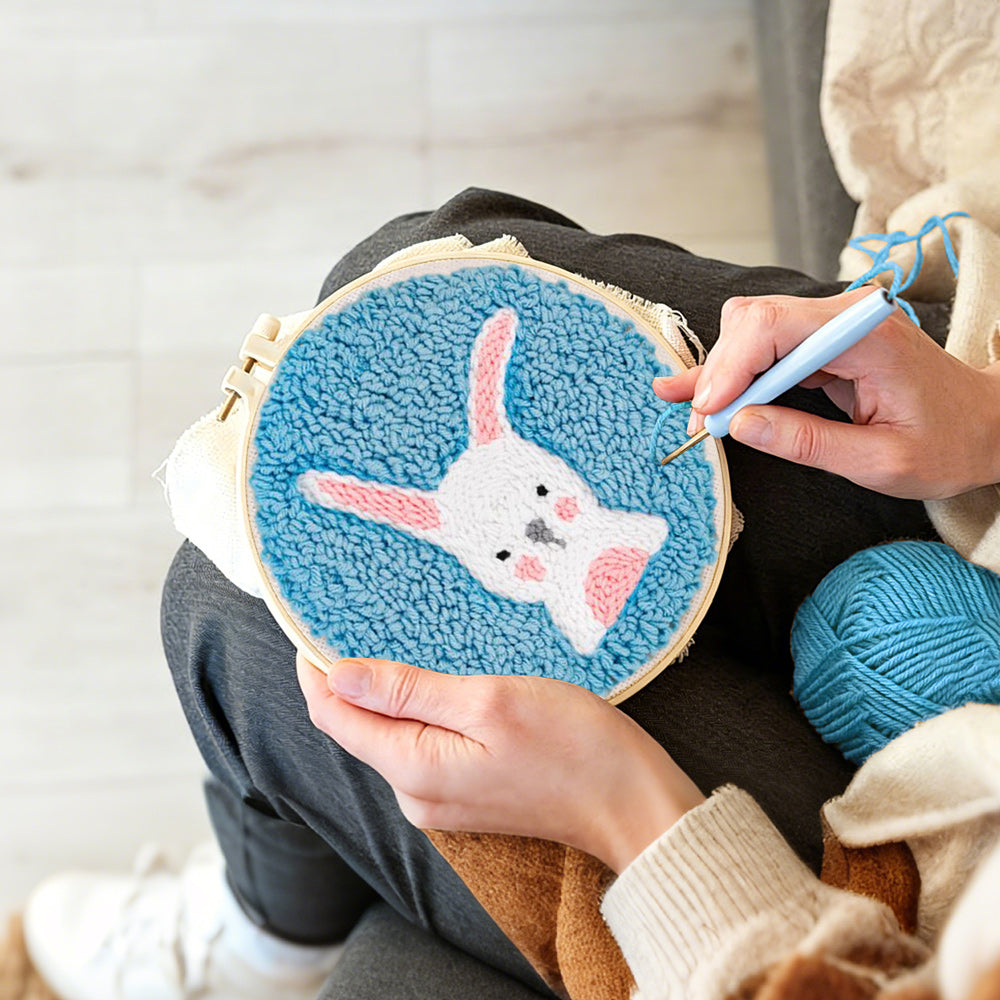 Creating handmade white rabbit with upright ears punch needle artwork