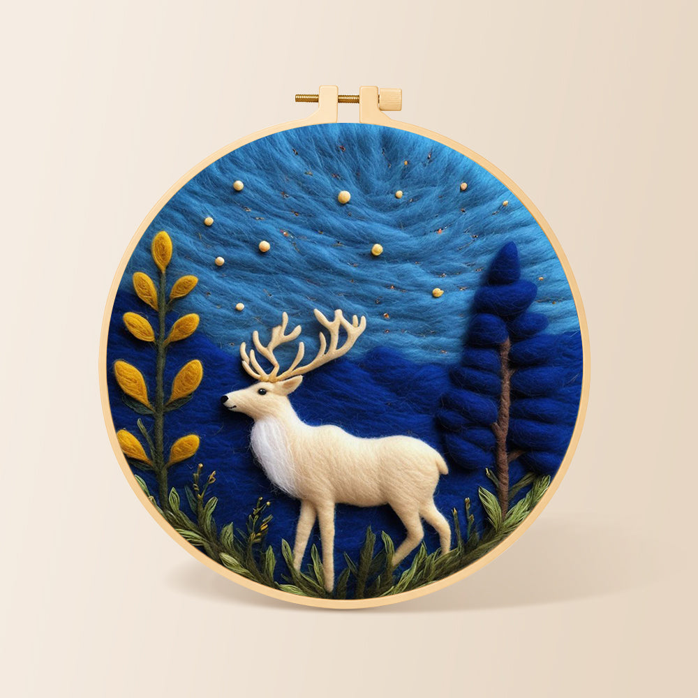 White strolling deer needle felting kit for beginners with a round wooden frame