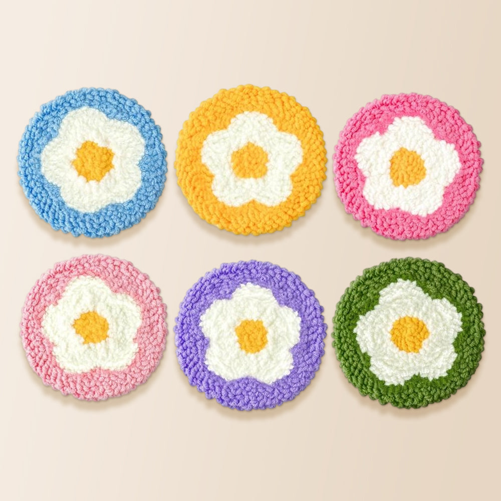 White summer flowers punch needle coaster kit finished handmade coasters
