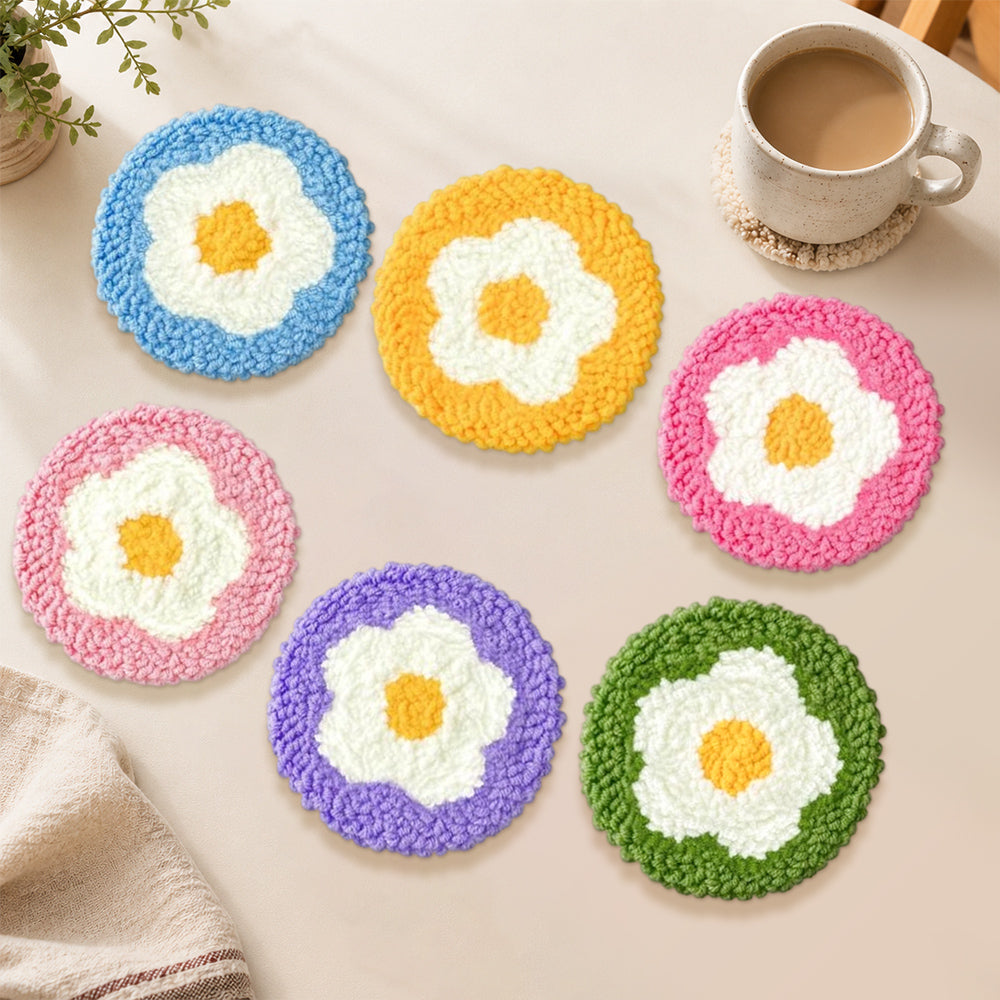 White summer flowers punch needle coasters used for home decoration