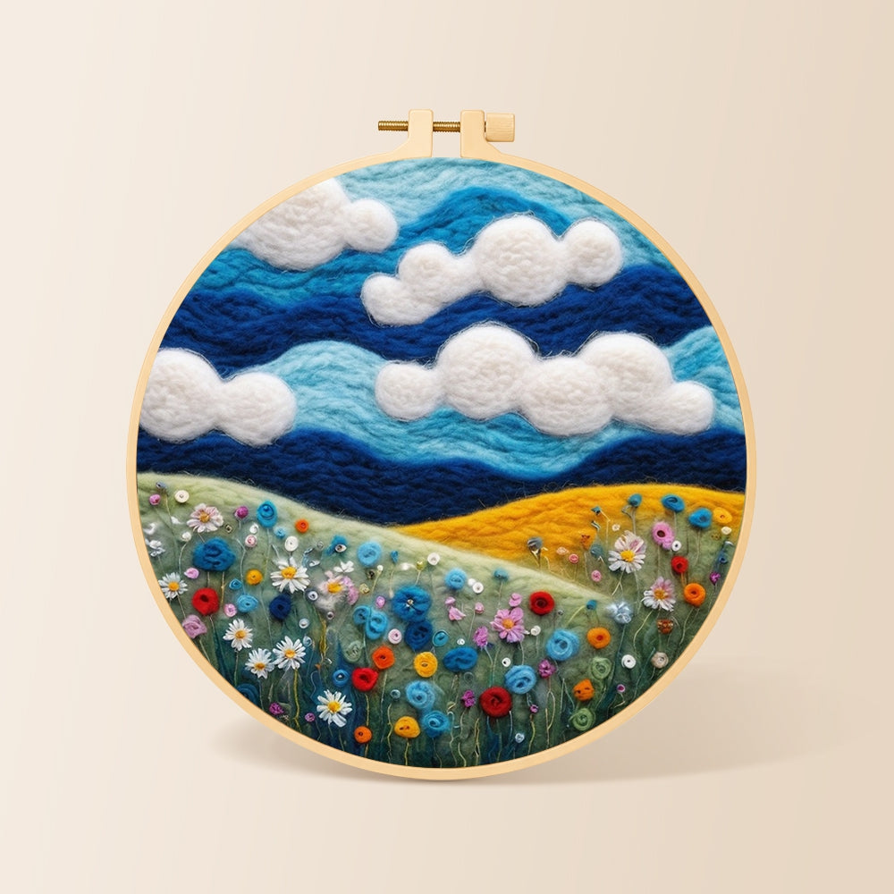 wildflowers under the vibrant blue sky needle felting kit for beginners with a round wooden frame