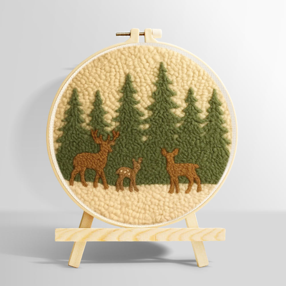 Wildlife deer and pine trees punch needle kit for beginners