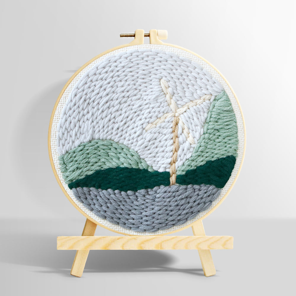 Windmill in mountain landscape punch needle kit for beginners