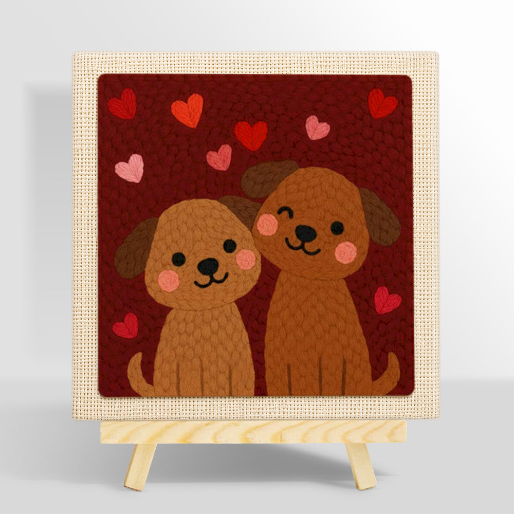 Winking puppy couple punch needle kit for beginners