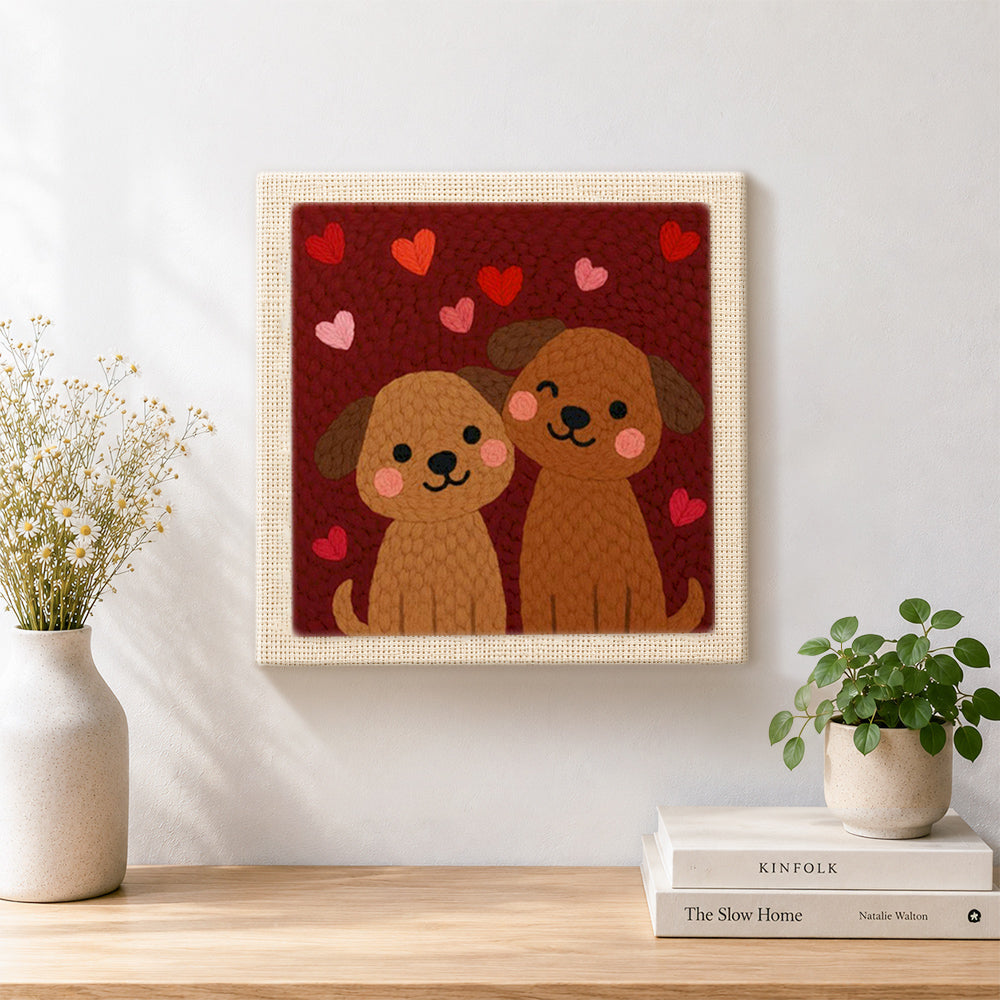 Finished winking puppy couple artwork displayed on a wall
