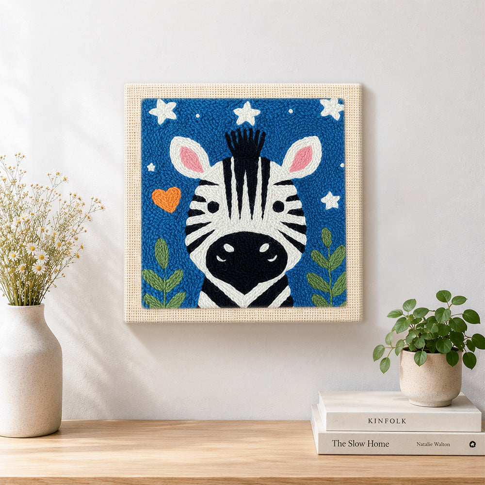 Finished winking zebra starry night artwork displayed on a wall