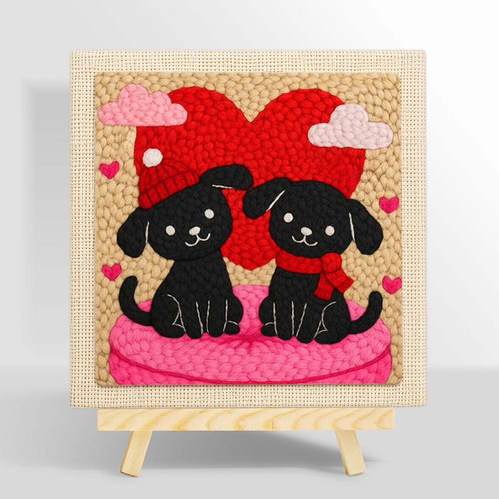 Winter black puppies with red heart punch needle kit for beginners