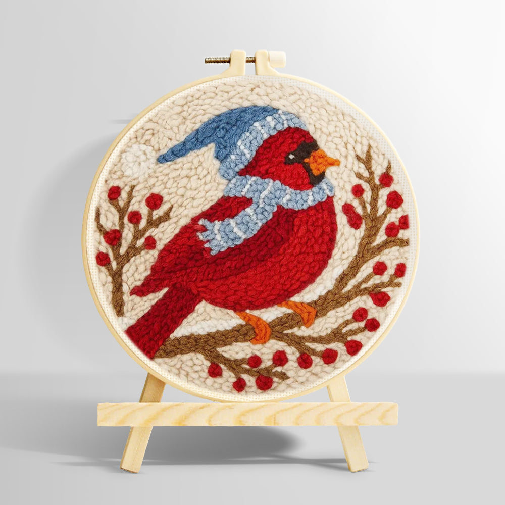 Winter cardinal on the berry branch punch needle kit for beginners