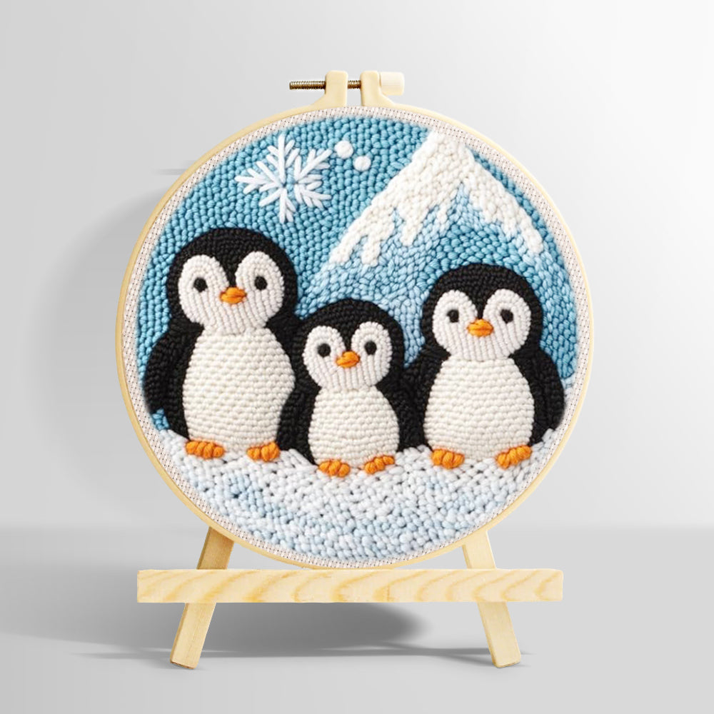 Winter penguin family and mountain punch needle kit for beginners