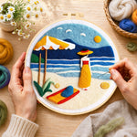 Creating the woman and parasol on the beach wool painting by hand with a felting needle