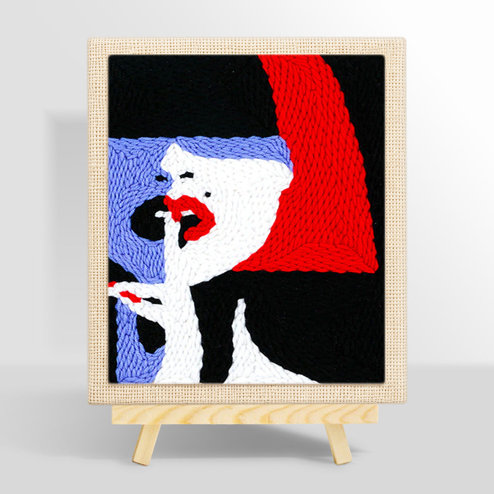Woman with Red Lips and Bold Hair punch needle kit for beginners