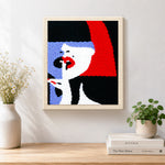 Finished woman with red lips and bold hair artwork displayed on a wall