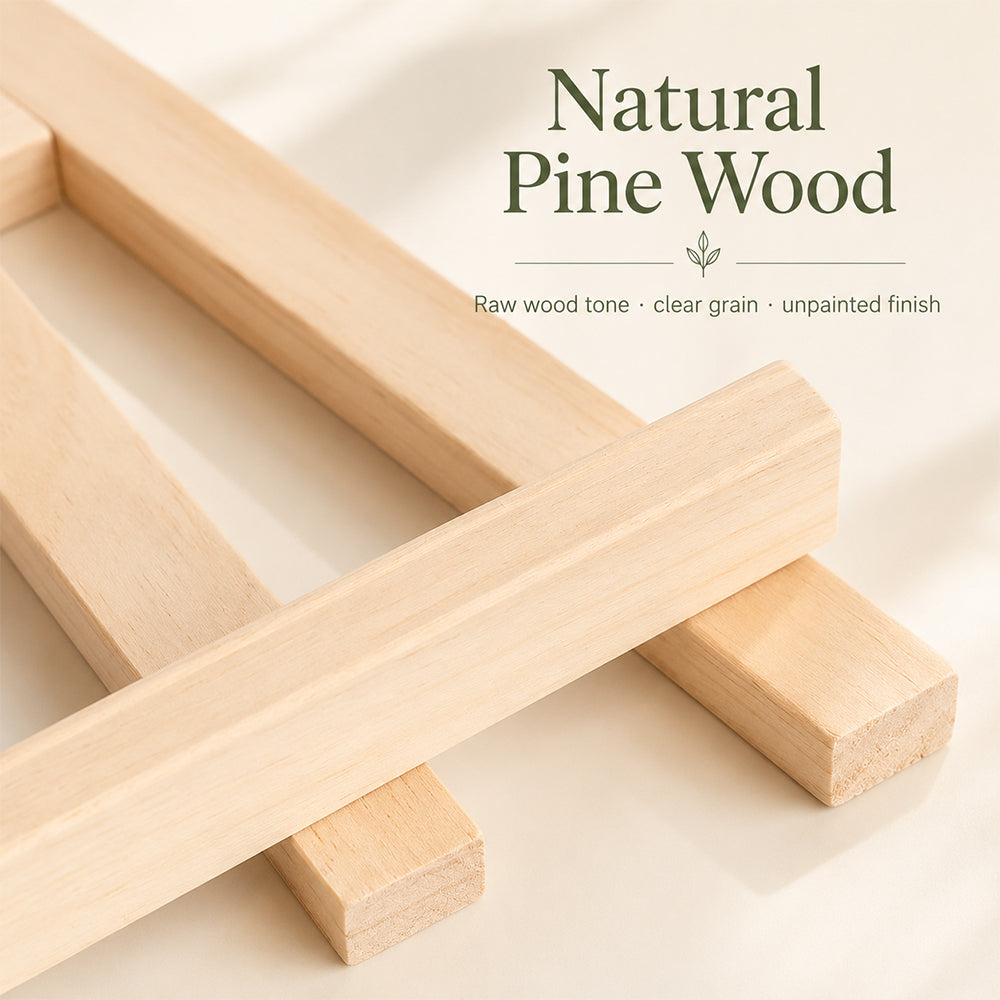 Close-up detail of wooden display easel stand with natural pine wood grain