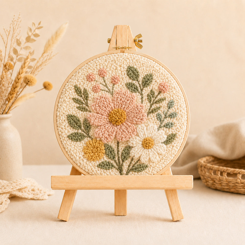 Wooden display easel stand displaying a finished punch needle embroidery project