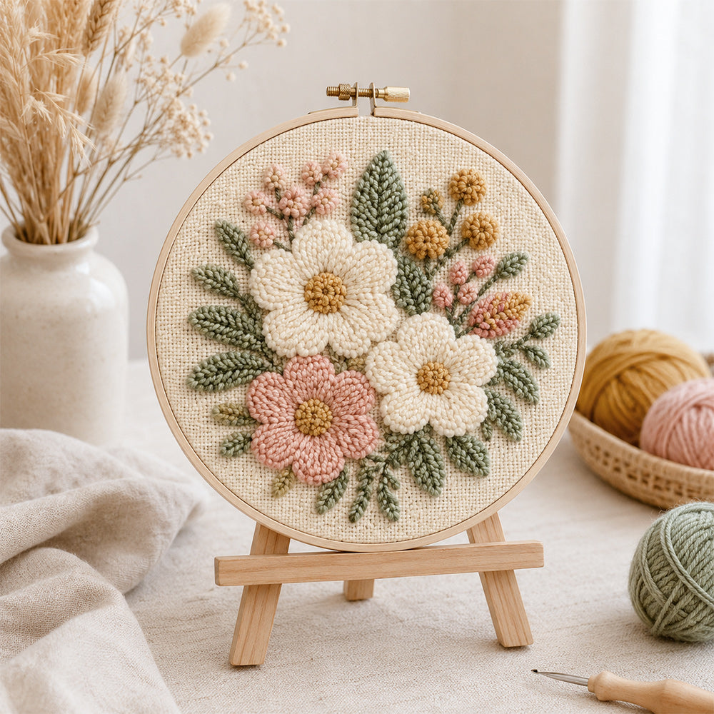 Wooden embroidery hoop used to display a finished punch needle embroidery project