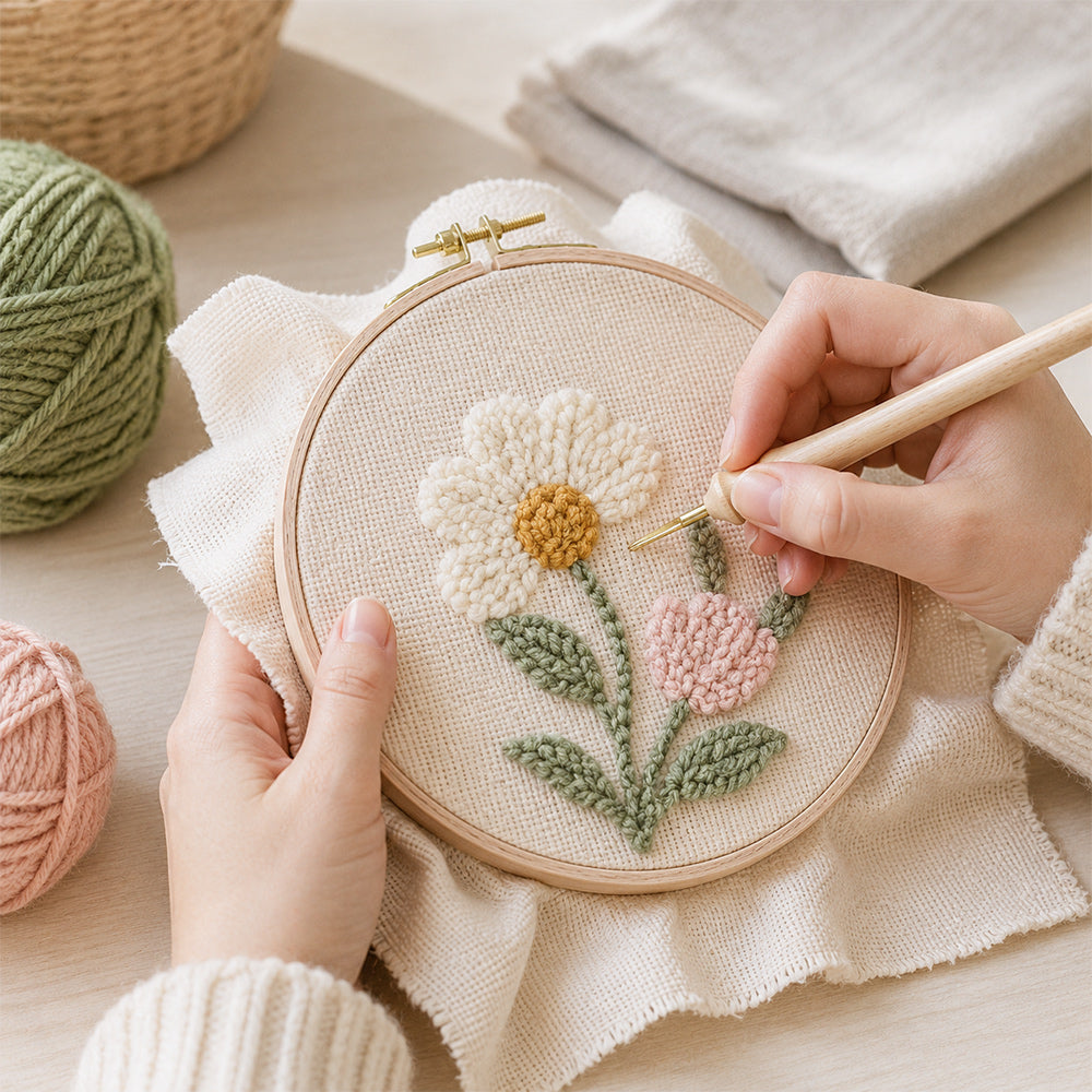 Wooden embroidery hoop being used for a punch needle project