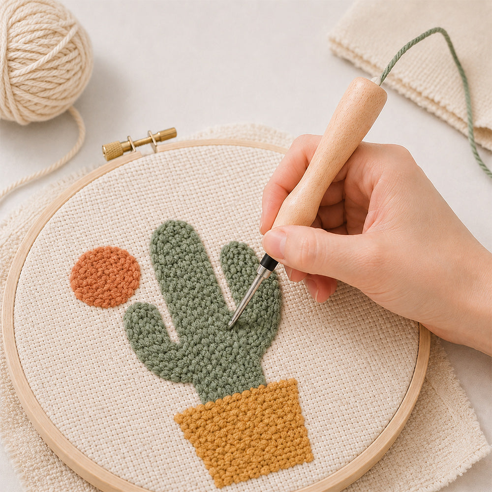 Wooden punch needle tool being used for a punch needle embroidery project