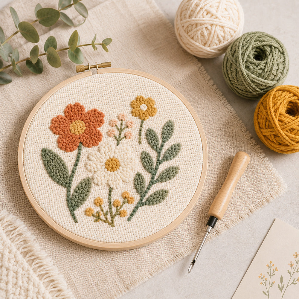 Wooden punch needle tool displayed with a finished punch needle embroidery project