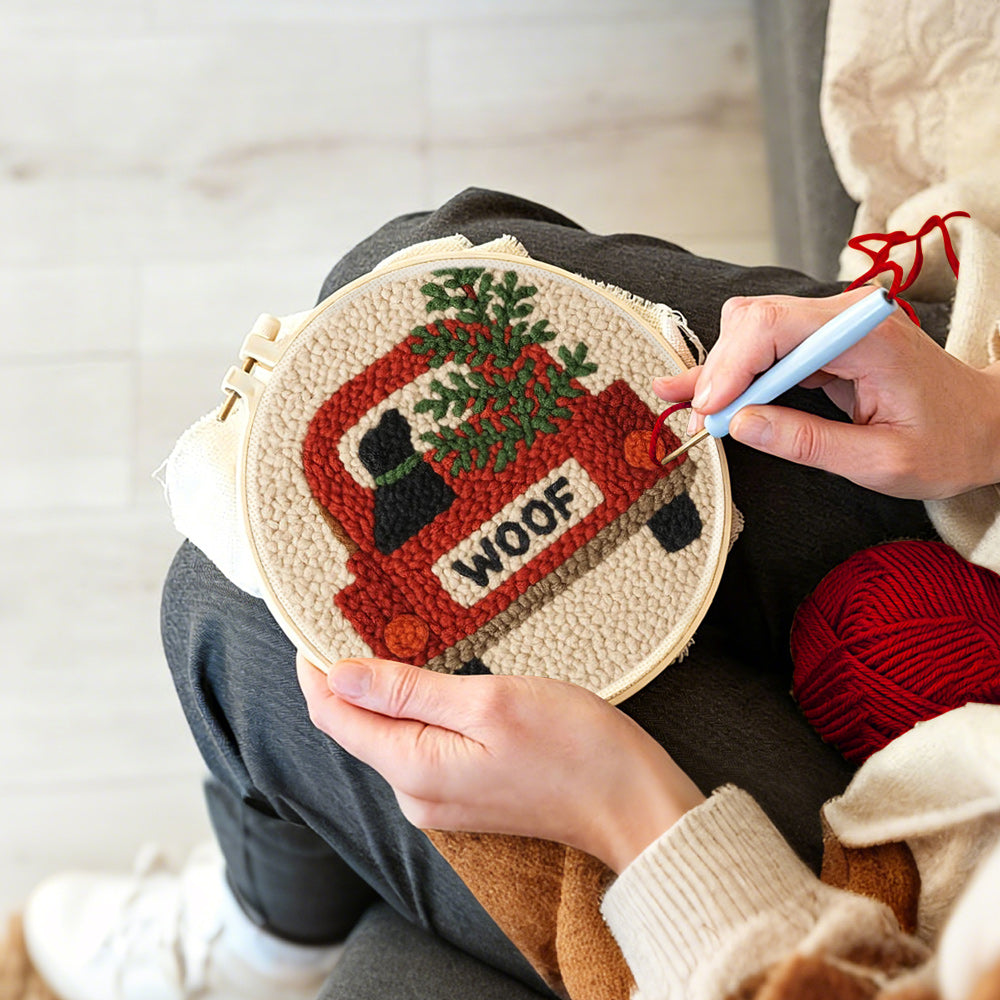 Creating handmade "woof" red truck with dog punch needle artwork