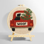 "Woof" red truck with dog punch needle kit for beginners