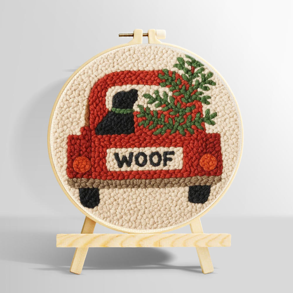 "Woof" red truck with dog punch needle kit for beginners