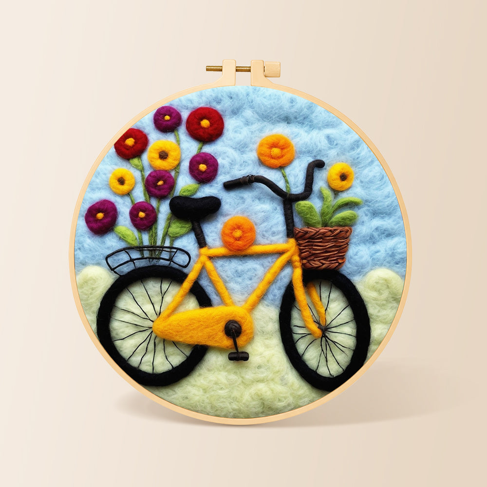 Yellow bicycle with flowers needle felting kit for beginners with a round wooden frame